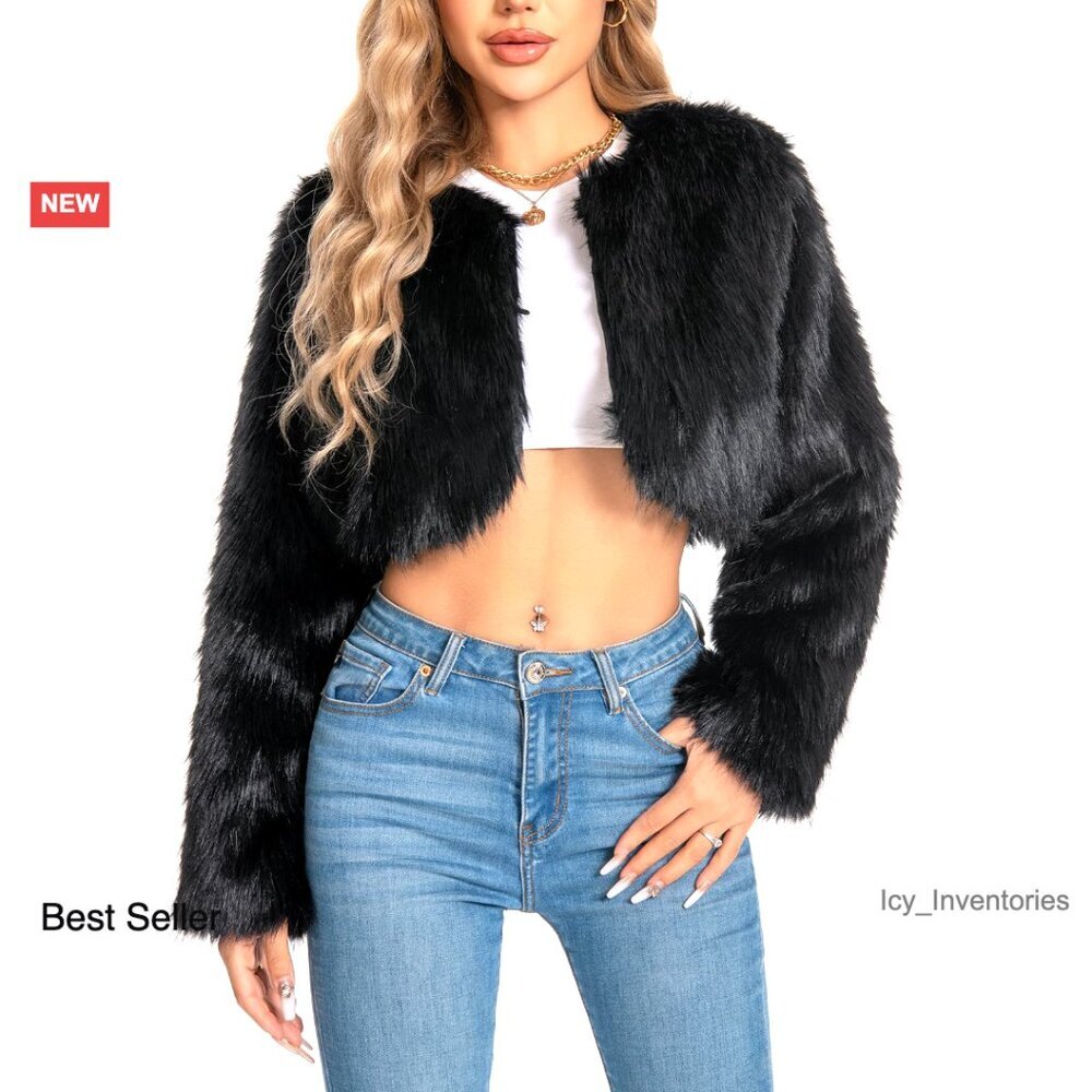 Cropped Faux Fur Jacket Fluffy Fuzzy Winter Coat Y2K Chic Outerwear